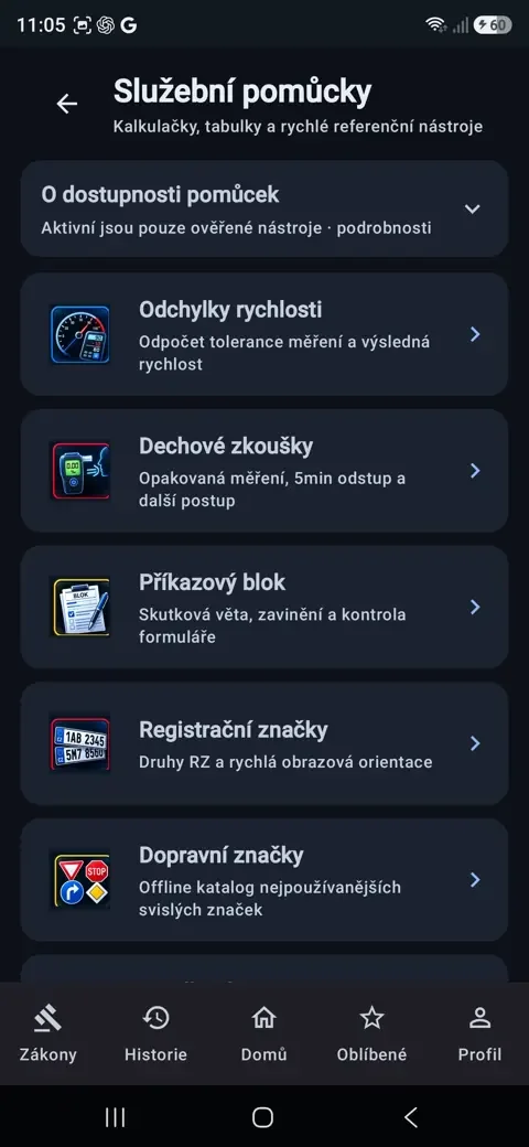 Skutečný snímek přehledu služebních pomůcek v aplikaci LEX
