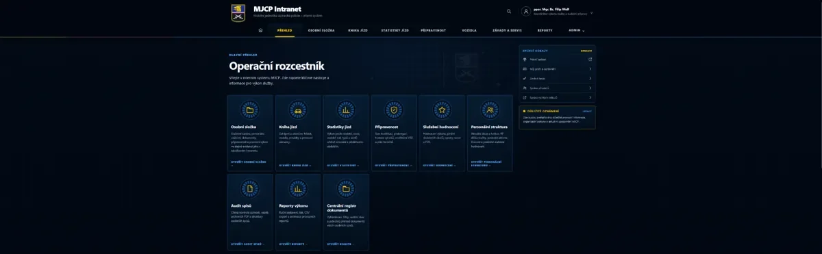 Screenshot úvodního přehledu intranetu MJCP Vrchlice